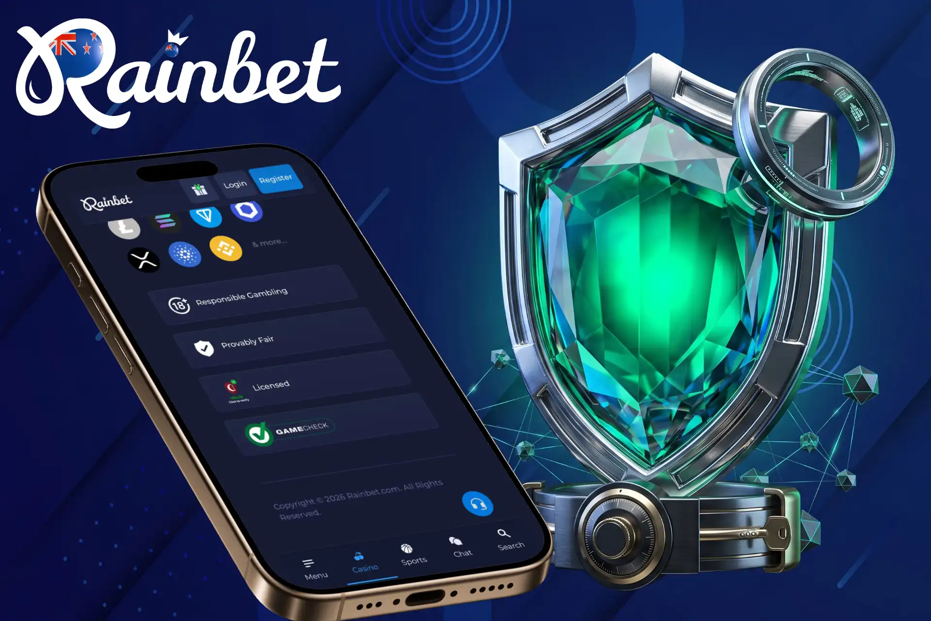 Rainbet license, SSL security and player protection measures.
